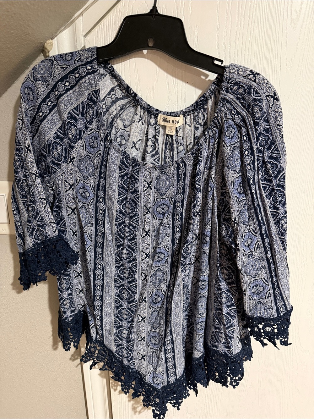 Blue Mood -Women's Navy & Light Blue Patterned Crochet-Hem Blouse